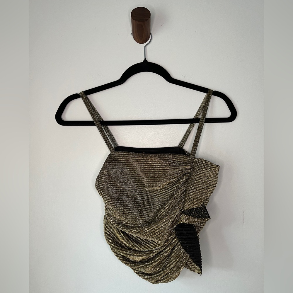 Fiestar Side Ruffle Shimmer Spaghetti Strap Dance Crop Top in Gold, Size Small